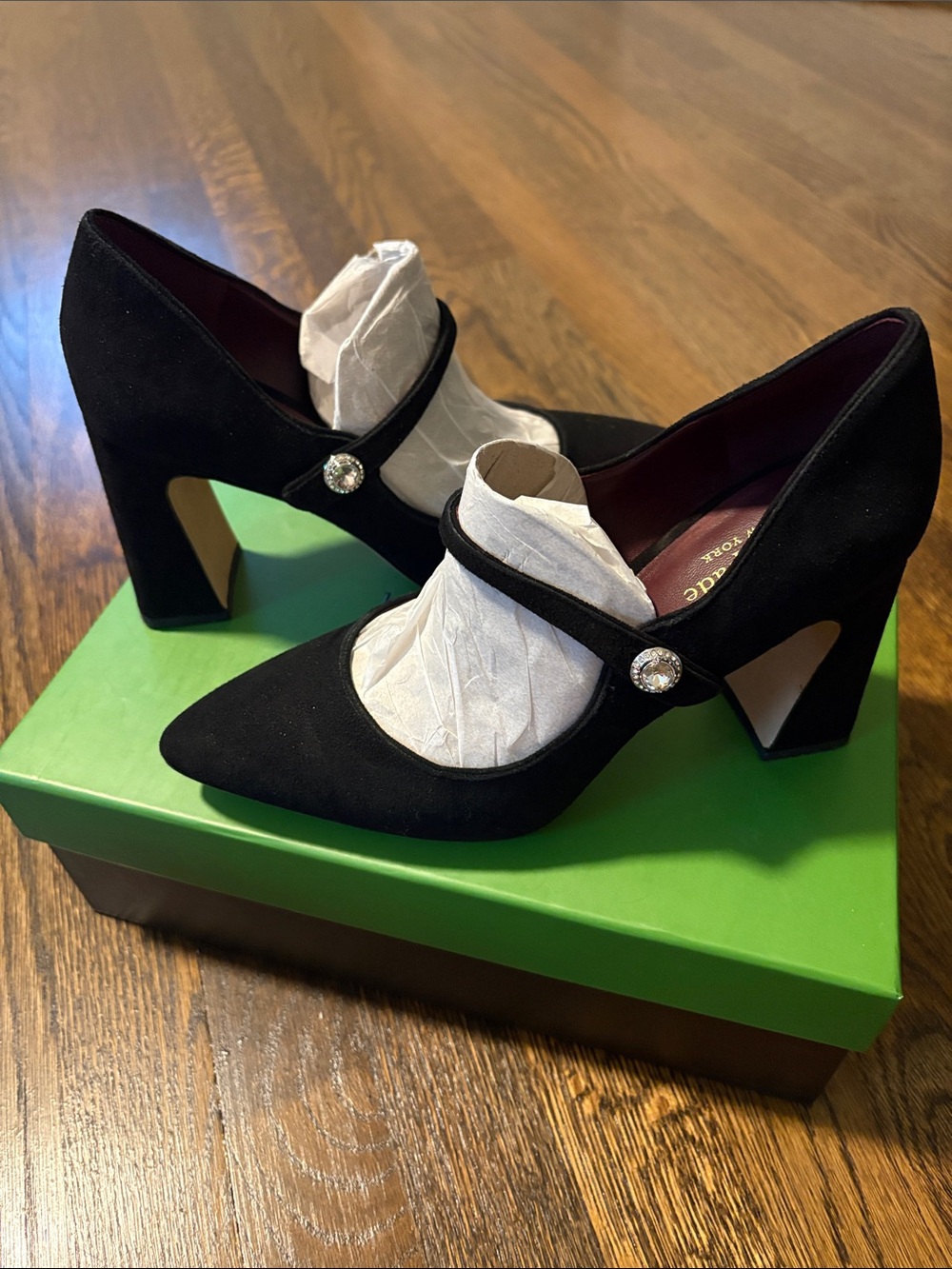 kate spade Black Suede Mary Jane Pointed Block Heel Pumps